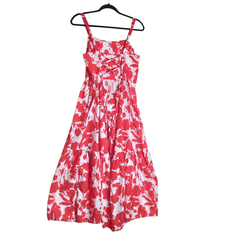 Commense Red White Floral Lace Up Back Tiered Midi Dress Womens Large